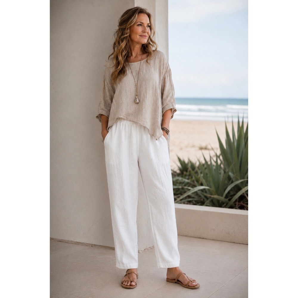 Vintage FLAX Jeanne Engelhart Linen Pants M Tapered Off-White Cream Pockets